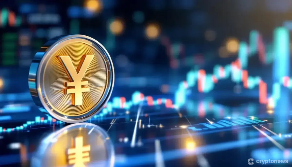 デジタルな株価チャートの上に置かれた日本円とビットコインのシンボル