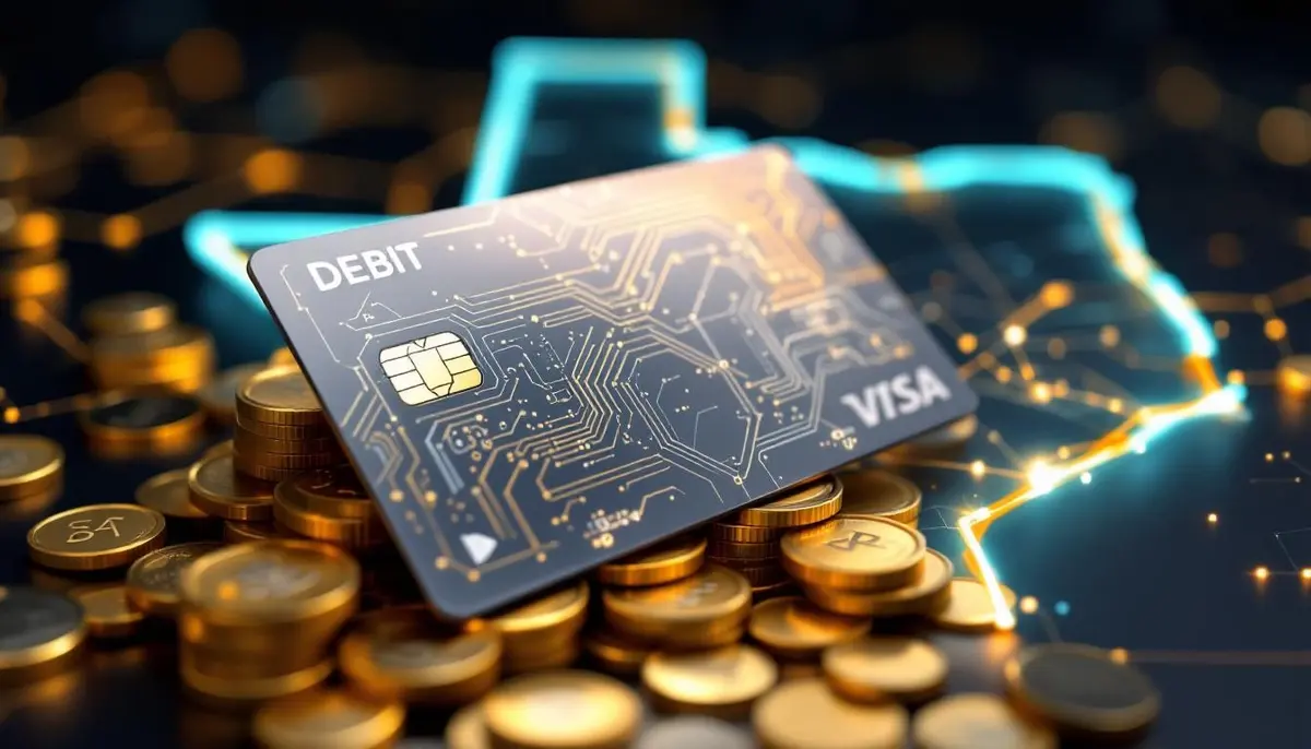金と銀の硬貨の上に置かれた、テキサス州の地図が描かれた未来的なデビットカード