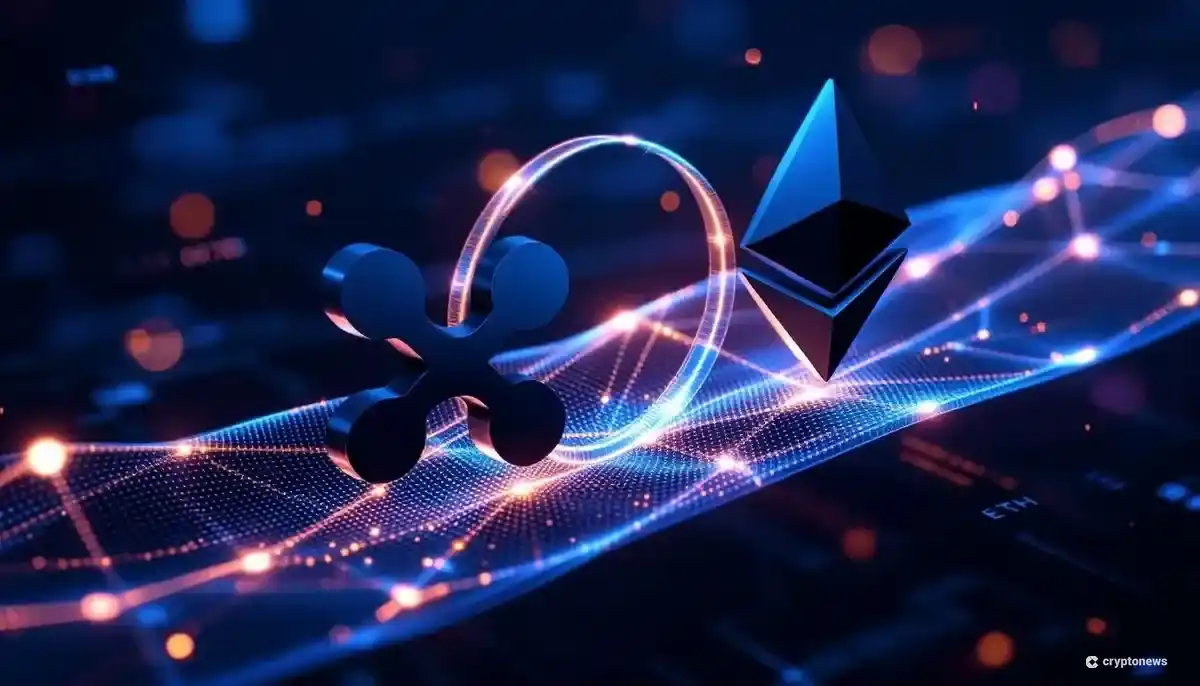 リップル(XRP)とイーサリアム(ETH)のロゴが光の橋で結ばれ、相互運用性を示す未来的なイメージ