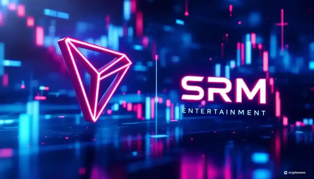 トロン(TRX)のロゴとSRM社のロゴが金融データを背景に表示されている未来的な画像