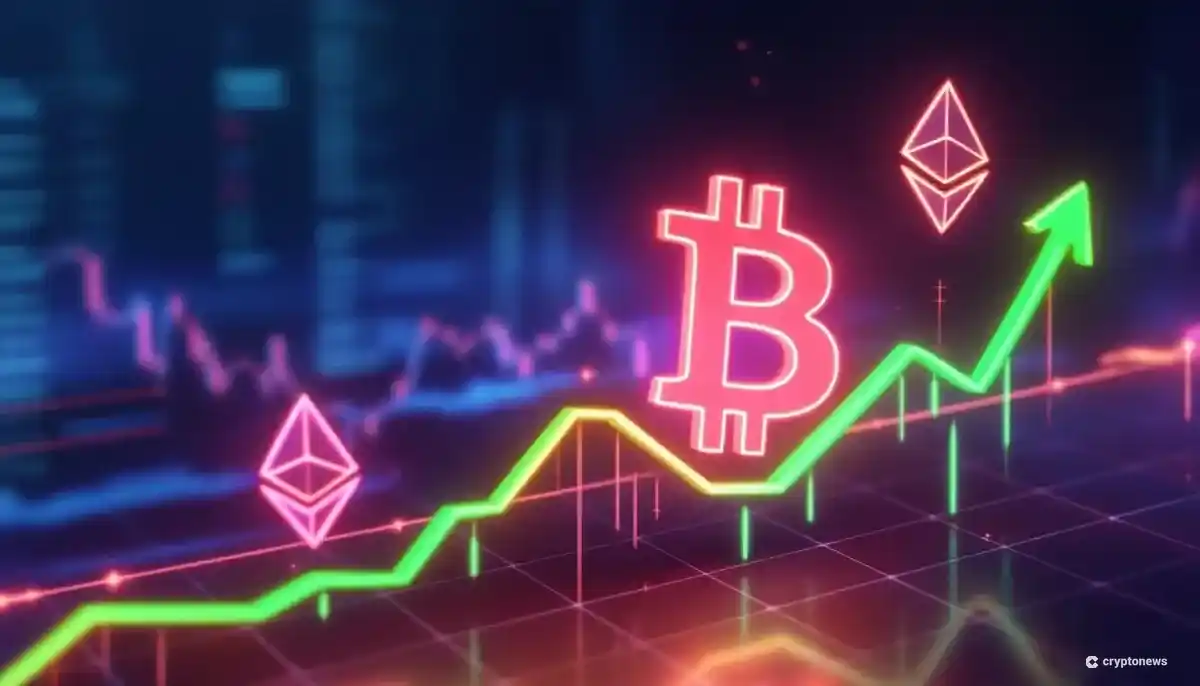 上昇するビットコインと停滞するイーサリアム、ソラナのシンボルが描かれた未来的なチャート