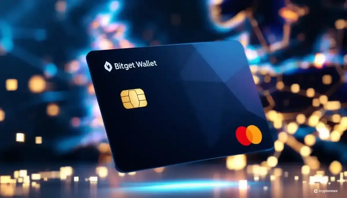 Bitget Walletとマスターカードのロゴが入った仮想通貨決済カードの3Dイメージ