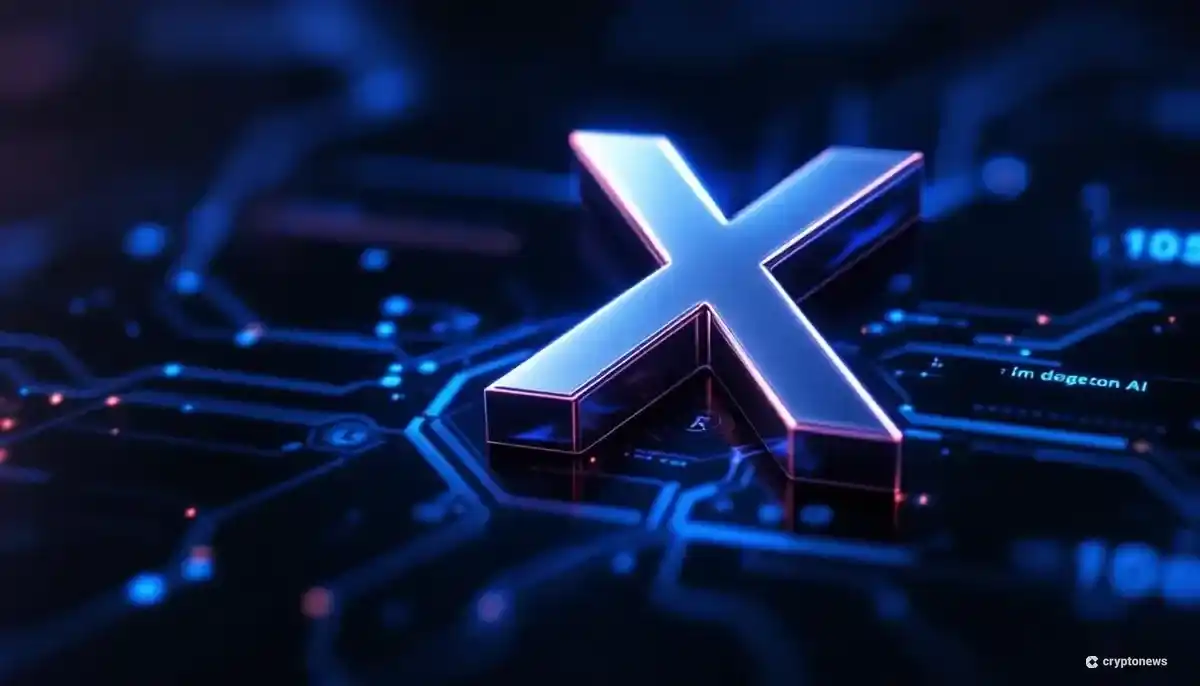 Xのロゴとドージコインが描かれた未来的な背景