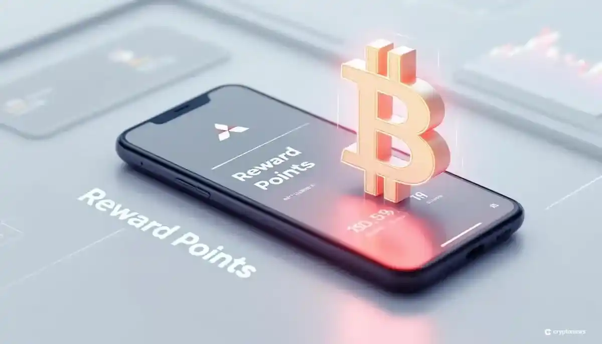 三菱のロゴとビットコインのシンボルが表示されたスマートフォン画面