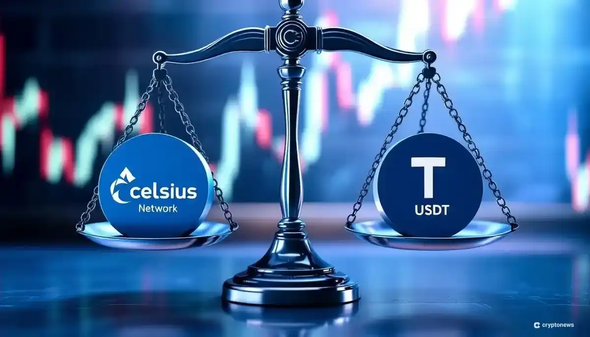 セルシウスとテザーのロゴが乗った天秤。背景にはビットコインの価格チャートがあり、仮想通貨の訴訟を象徴している。