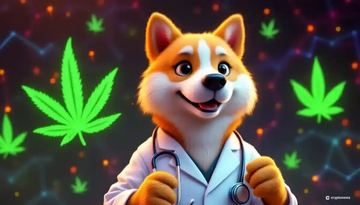 聴診器をつけたドージコインのマスコットと、背景に浮かぶ大麻の葉とブロックチェーン