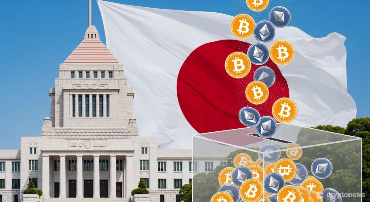 日本の国会議事堂と、ビットコインやイーサリアムのシンボルが投じられる投票箱が描かれたイラスト。仮想通貨政策の選挙戦における重要性を示している。