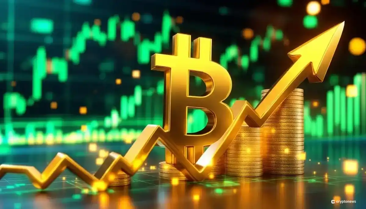 強気の金融チャートを背景に上昇するビットコインのシンボル
