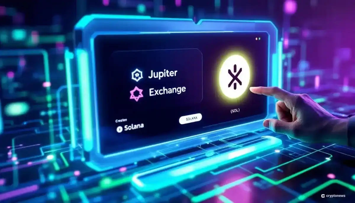 Jupiter Studioのプラットフォーム上で、Solanaブロックチェーンのトークンを作成している未来的なインターフェース