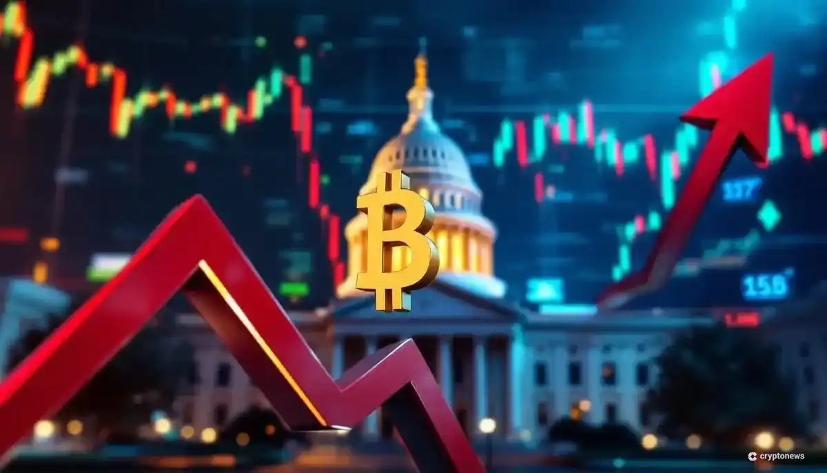 米国財務省ビルを背景に、下落する矢印とビットコインのシンボル