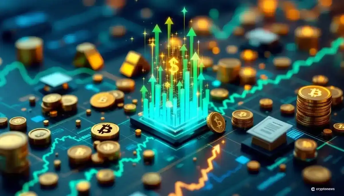 現実世界の資産がブロックチェーン上でデジタルトークンに変換される様子を描いた未来的なCG画像