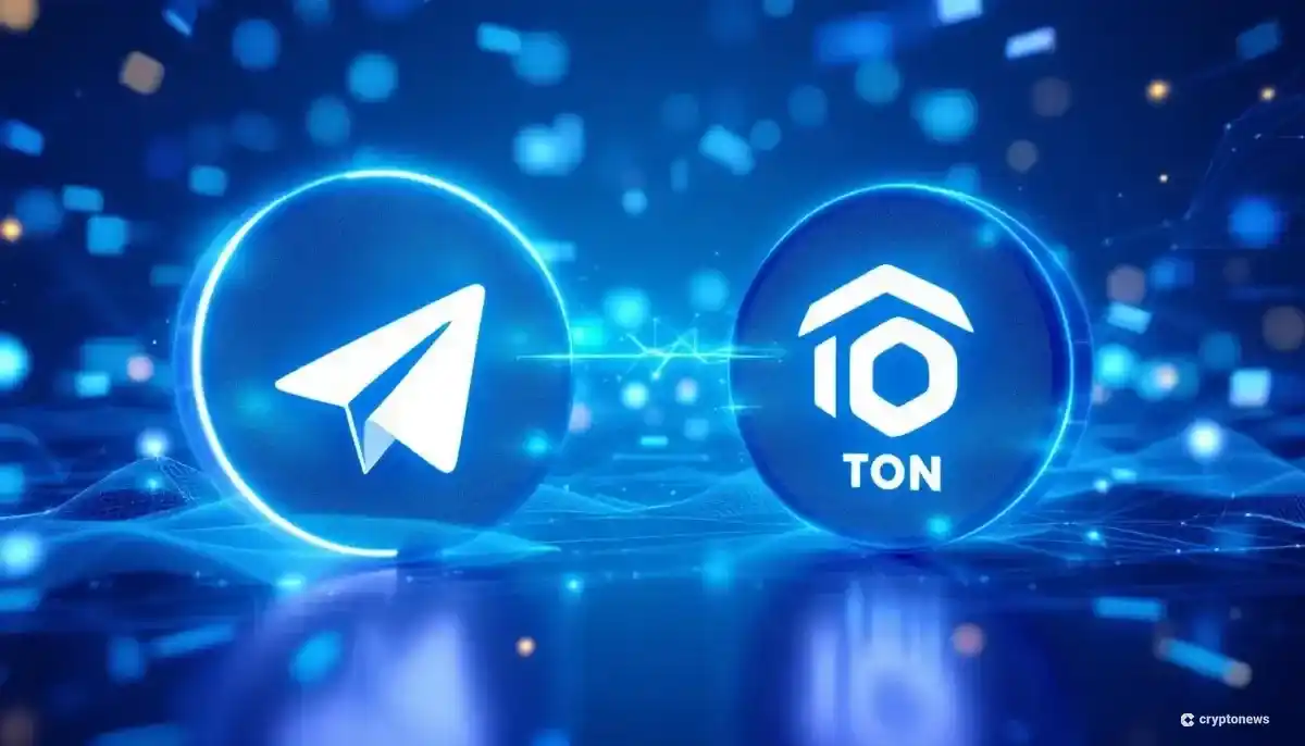 テレグラムとTONブロックチェーンのロゴが融合した未来的なイメージ