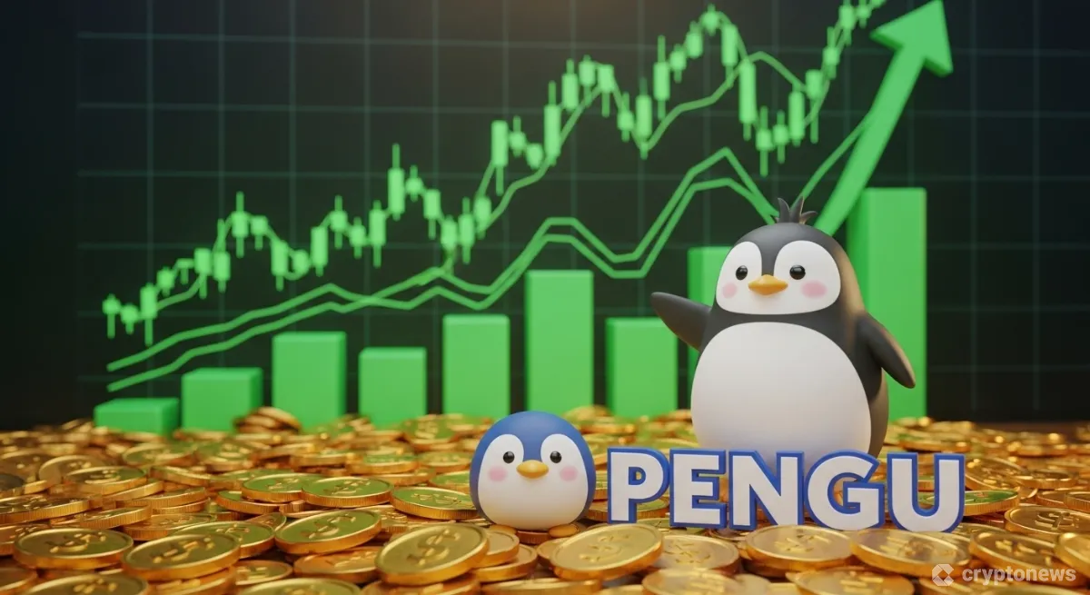 ミームコインPudgy Penguinsのキャラクターがコインの山の上に立ち、背景には上昇するチャートが表示されている。