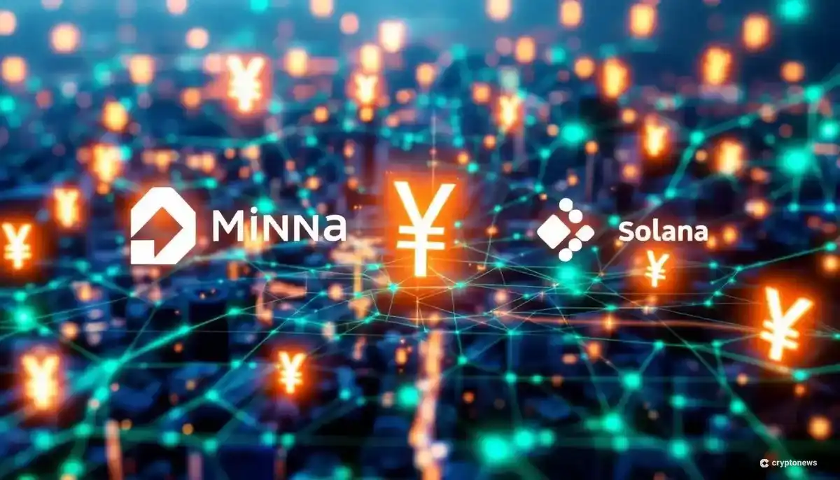 みんなの銀行、ソラナ、Fireblocksのロゴと日本円ステーブルコインが描かれた未来的な金融テクノロジーのイメージ