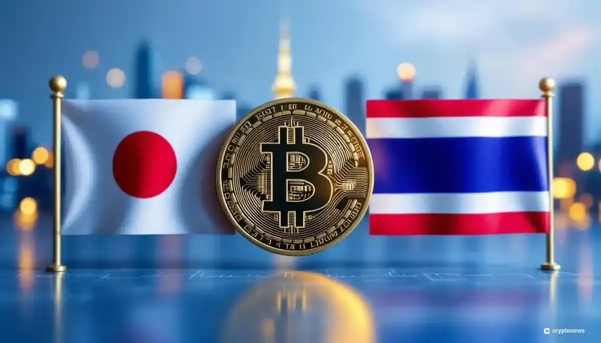 日本とタイの国旗の間に置かれたビットコインのシンボル。企業戦略を象徴する画像