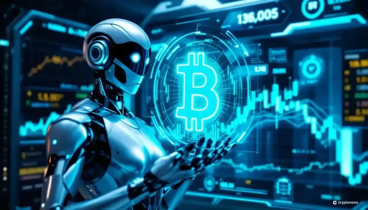 AIロボットがビットコインの価格チャートを分析している未来的な画像