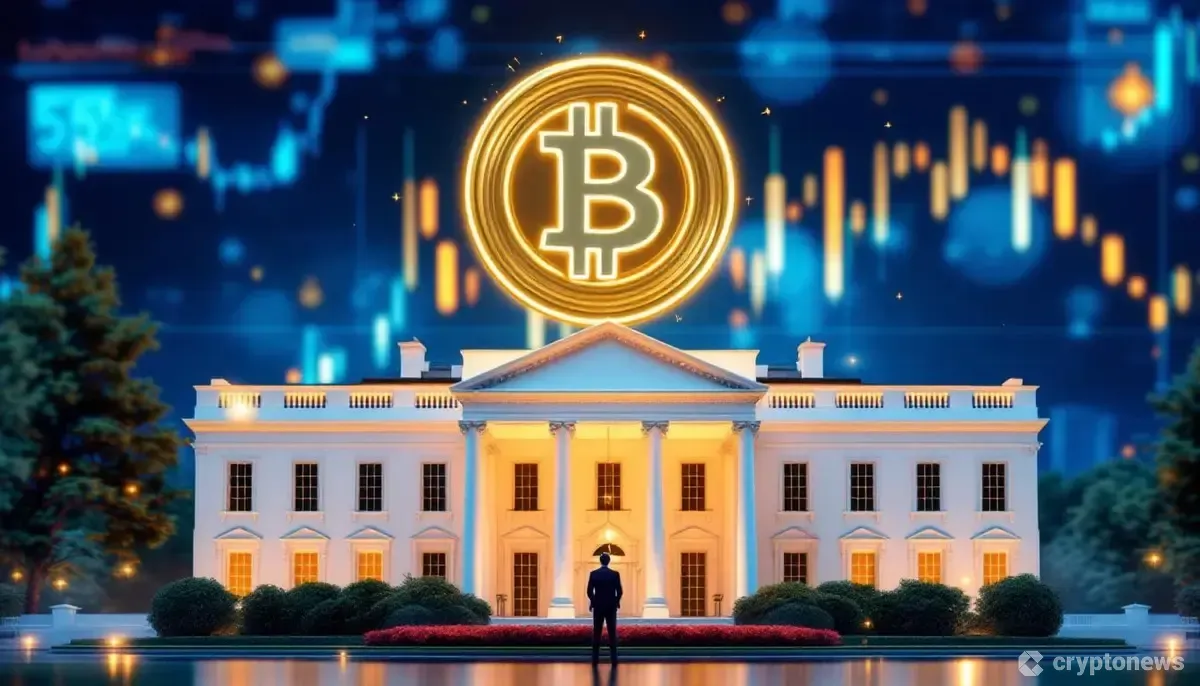 ホワイトハウスの上に浮かぶビットコインのシンボル