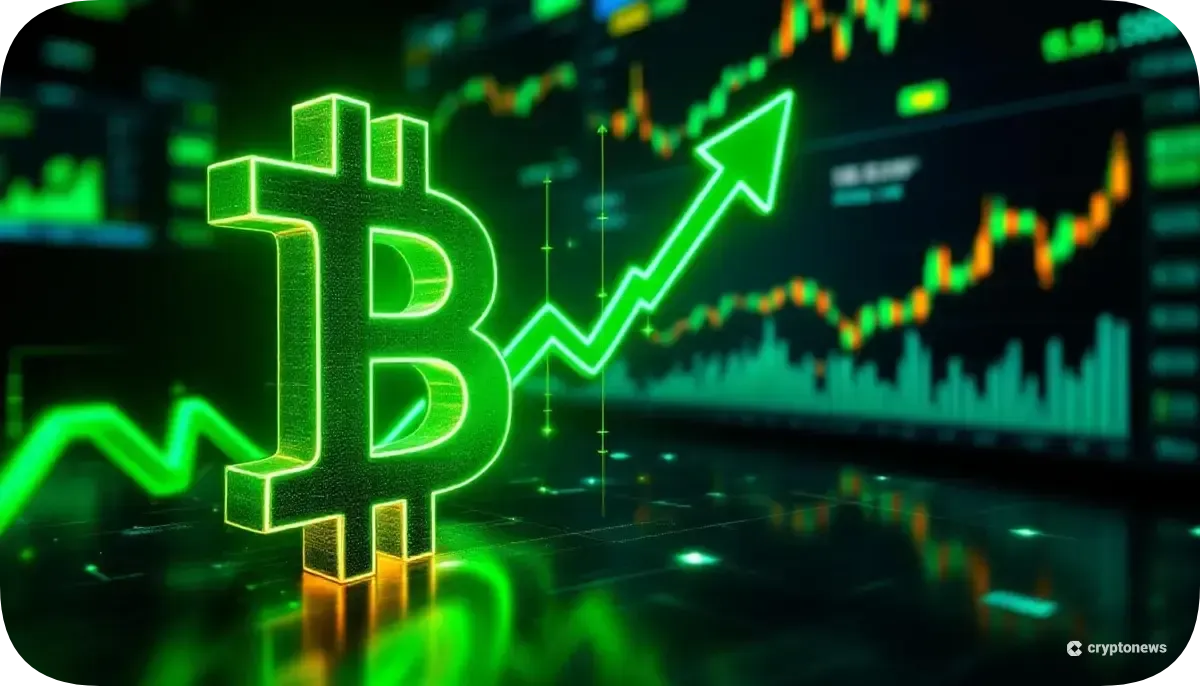 機関投資家の資金流入を示す、上昇するビットコインのシンボルと金融チャートの背景
