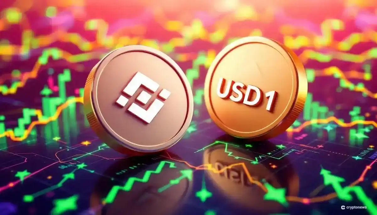 パンケーキスワップとステーブルコインUSD1のシンボルが並び、背景には金融チャートが描かれている。