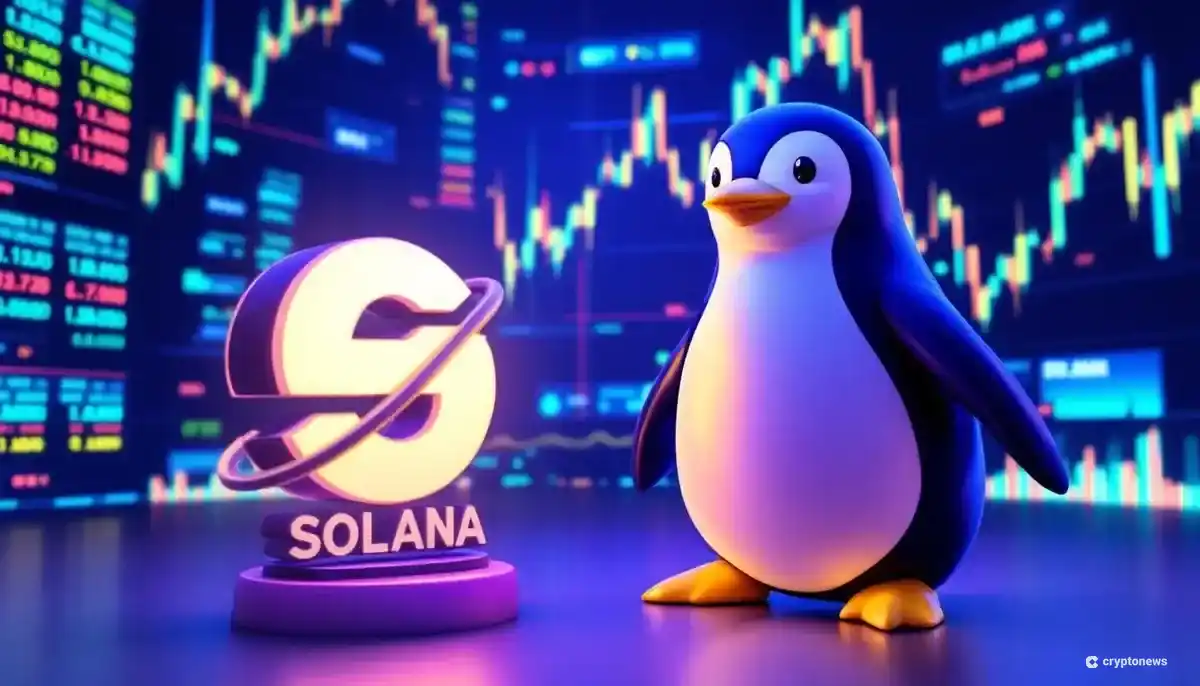 ペンギンとソラナのロゴが描かれた未来的な仮想通貨ETFのイメージ画像