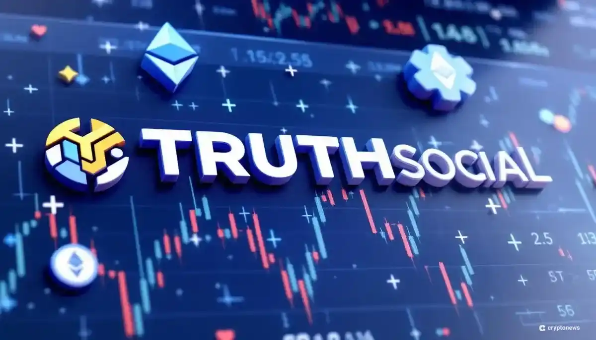 Truth Socialのロゴとビットコインやイーサリアムのシンボルが融合した、仮想通貨ETFを示す画像
