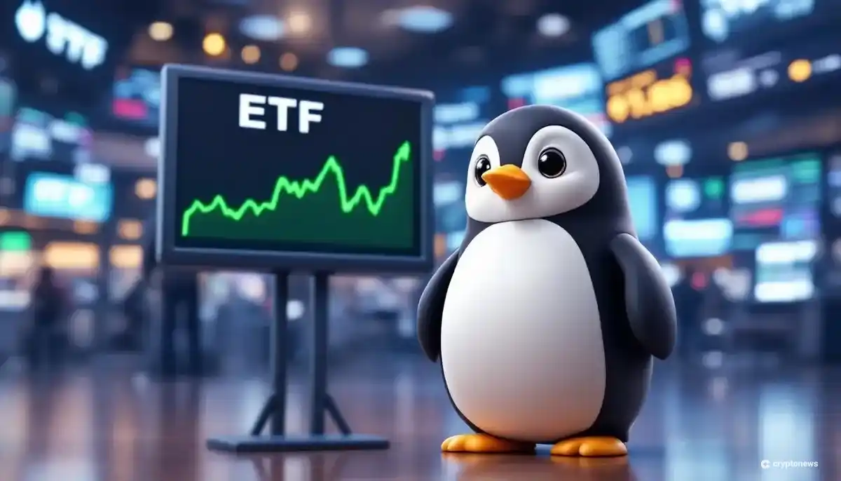 Pudgy PenguinsのキャラクターとETF申請を示す上昇グラフ