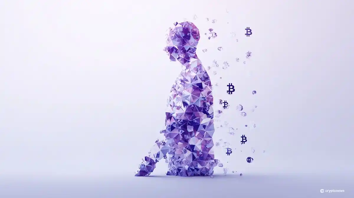 紫と白の、絡み合った幾何学的な形で構成された、様式化された識別不能な人物像を特徴とする、サトシ・ナカモトの本質をミニマリストに表現したもの