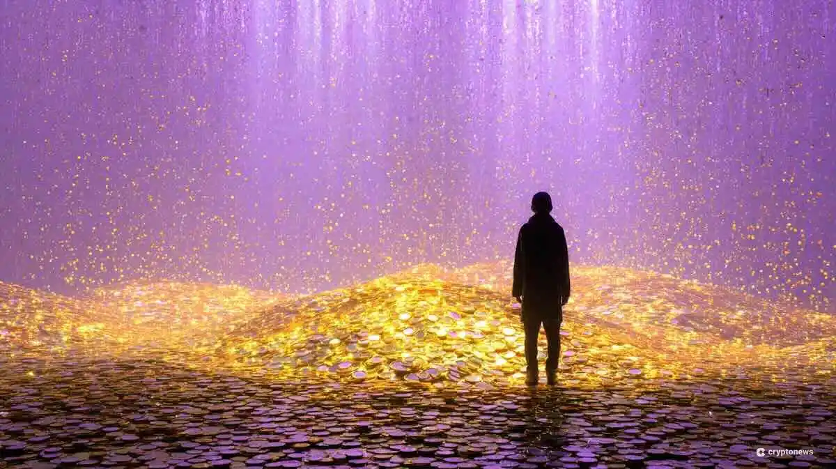 光り輝く顔のないサトシ・ナカモトのシルエットが、きらめく金色のビットコインの広大な山を前に立っている