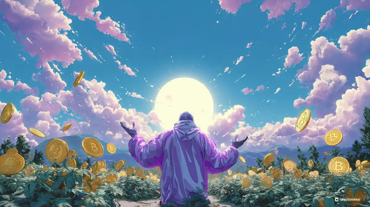 an-uplifting-scene-where-a-symbolic-unidentifiable-figure-of-satoshi-nakamoto. 翻訳 感動的なシーンで、象徴的な識別不能のサトシ・ナカモトの人物像が描かれている