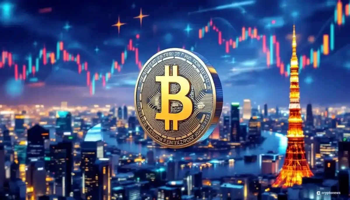 ビットコインのシンボルと金融チャートを背景にした、日本の企業ロゴ