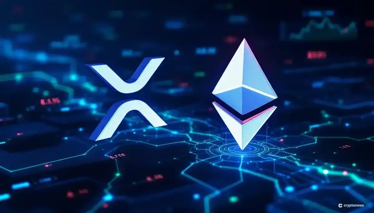 XRPとイーサリアムのロゴがデジタルブリッジで接続され、相互運用性を示す未来的なイメージ