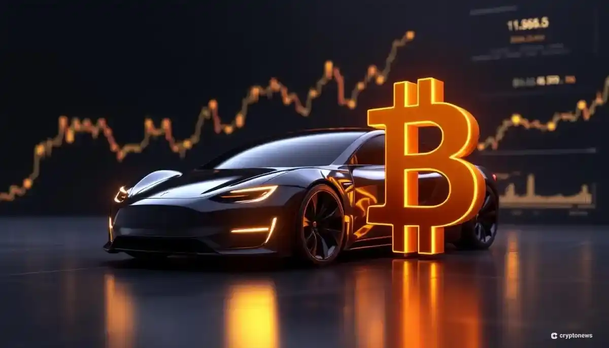 テスラのロゴとビットコインのシンボルが並び、背景には上昇する金融チャートが表示されている未来的な画像