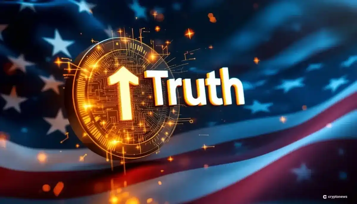Truth Socialのロゴとデジタルユーティリティトークンが組み合わされた未来的なイメージ
