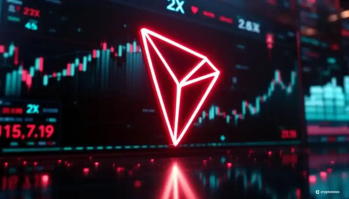 未来的な金融データ画面を背景に、赤く光るトロン（TRX）のロゴと「2X」の文字が描かれた画像