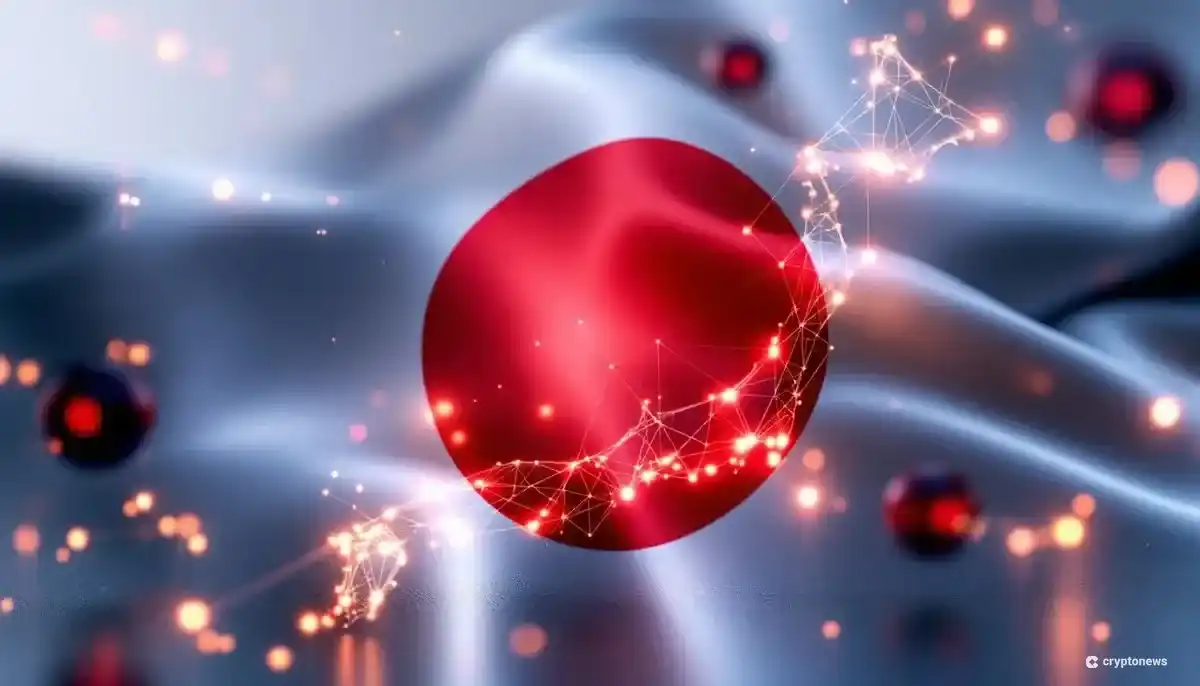 日本の国旗と暗号資産のシンボルが描かれた未来的な画像