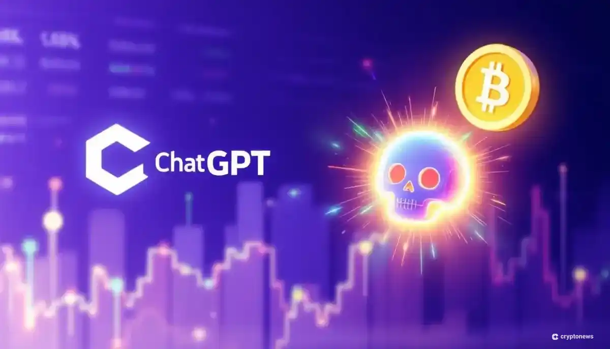 ChatGPTのロゴとミームコインのシンボルが並ぶ未来的な画像