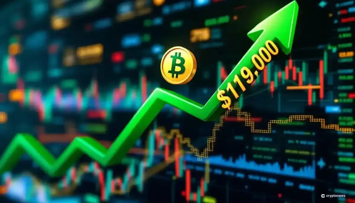 11万9000ドルのマイルストーンを突破し、上昇するビットコインのシンボルを描いた3Dグラフィック