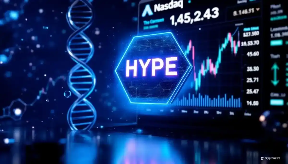 バイオテクノロジーと仮想通貨金融の融合を象徴する、ナスダックのスクリーンに表示されたHYPEトークンとDNAのらせん構造