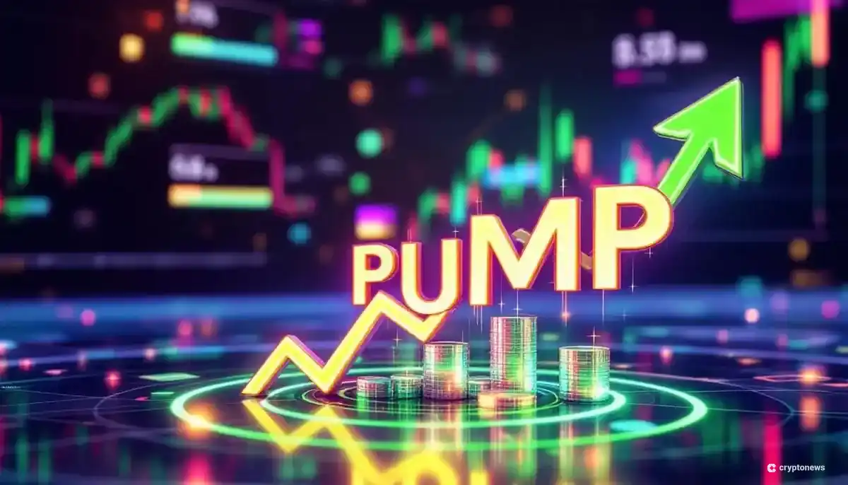 成功を示す上向きの矢印と金融チャートを背景に輝くPUMPトークンのシンボル