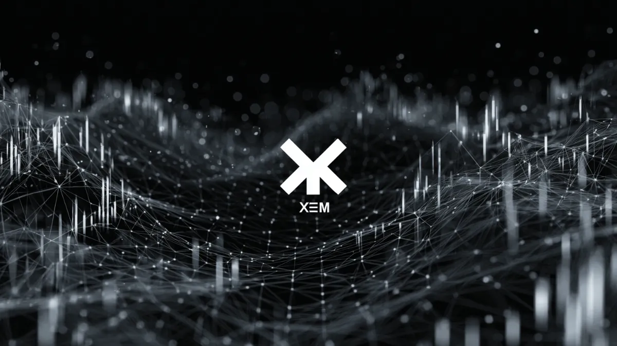 ネム（XEM）のロゴとデジタルネットワークを表現したブラック系の抽象イメージ