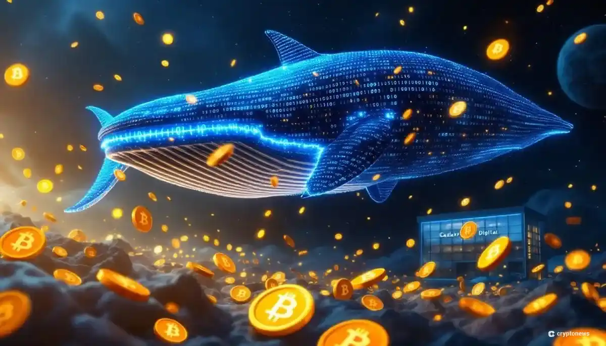 ビットコインのシンボルが浮かぶデジタル空間を泳ぐ巨大なクジラ