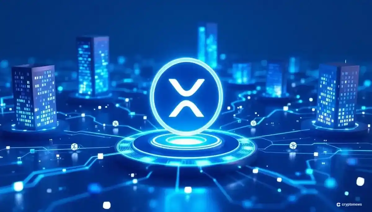 国際的な銀行網の中心で光るXRPのシンボルと、データが流れる未来的な金融ネットワーク