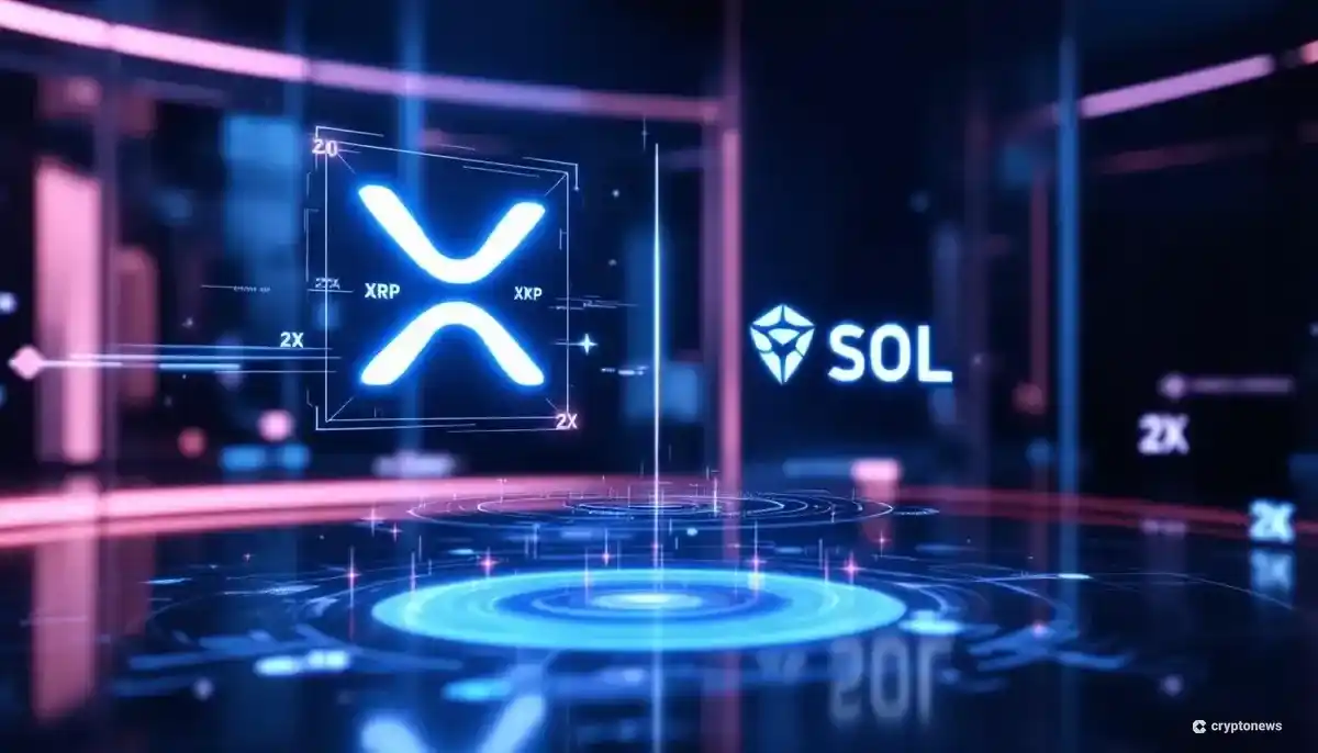 リップル（XRP）とソラナ（SOL）のロゴが描かれたレバレッジETFのイメージイラスト