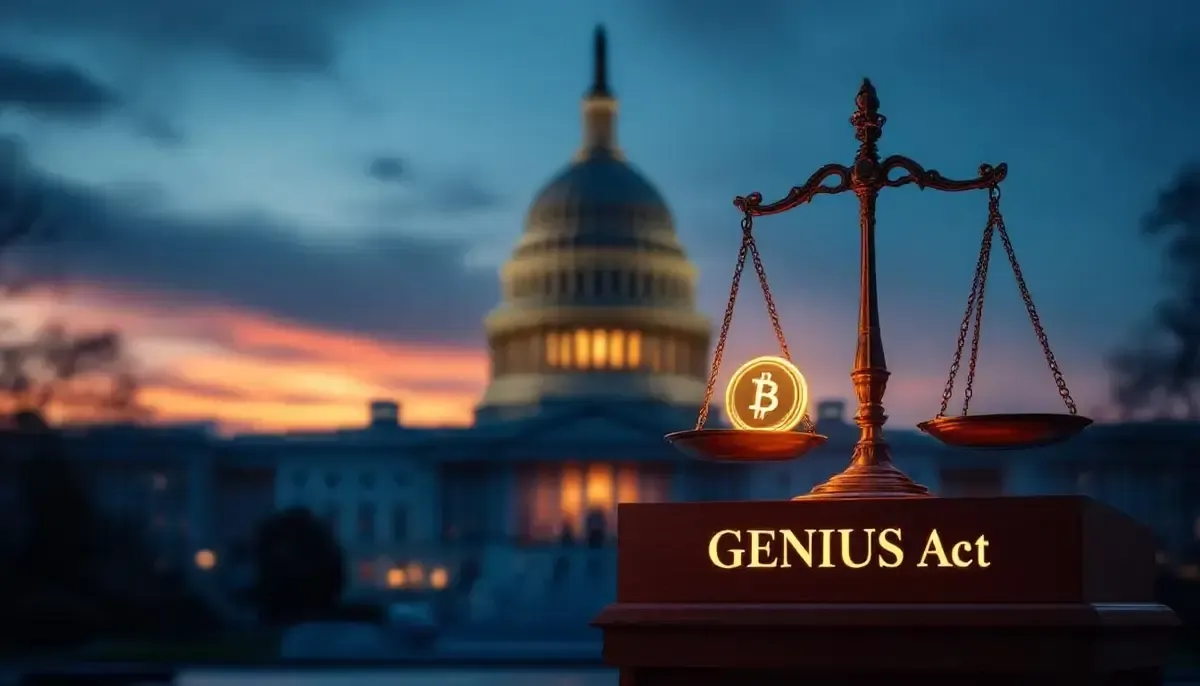 米国の国会議事堂と仮想通貨のシンボルが描かれたフラットデザインのイラスト
