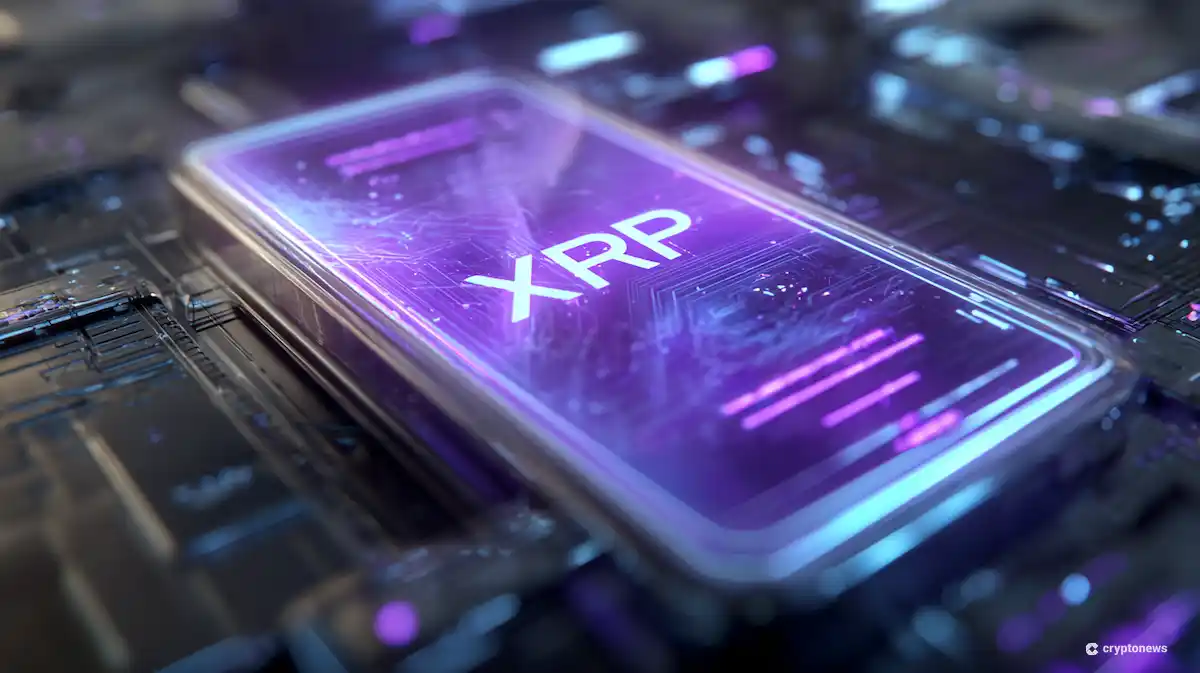 手前に目立つ洗練された仮想通貨ウォレットのデザインが、紫と白の色合いで輝いている。