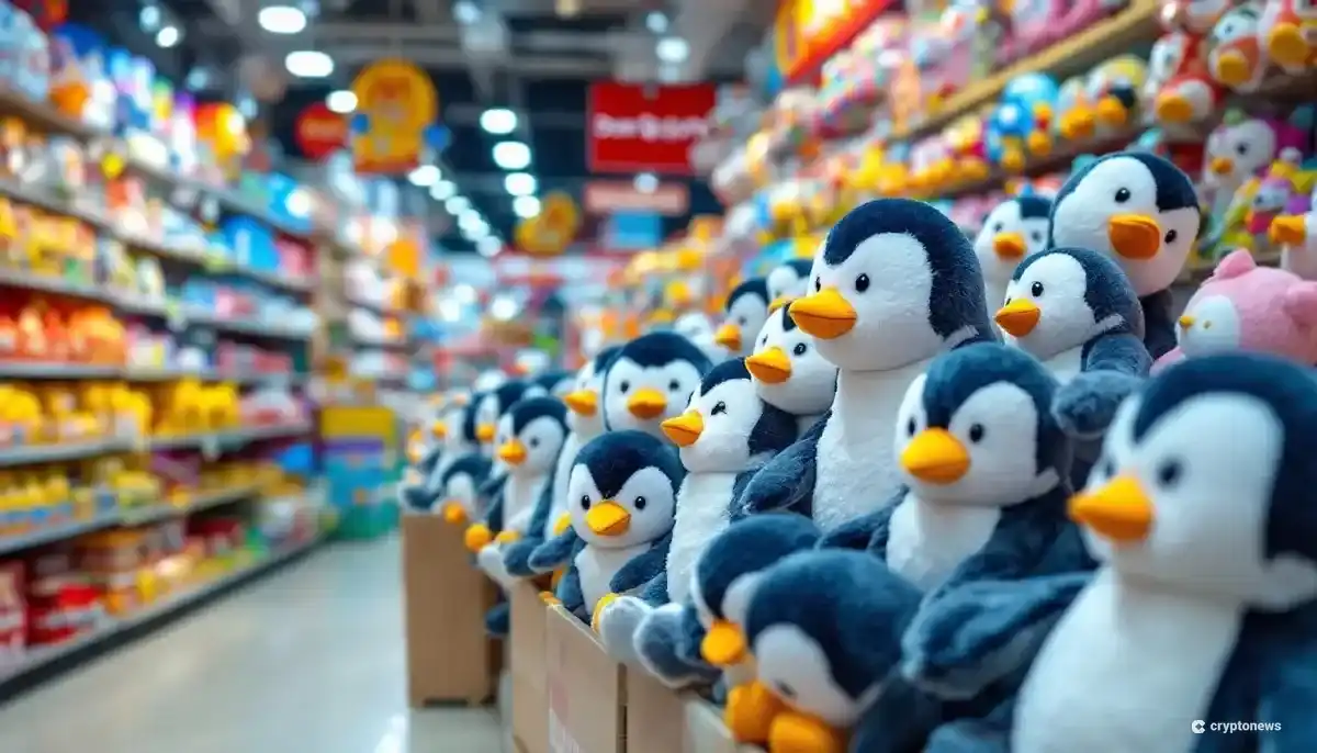 ドン・キホーテの店内に陳列されたPudgy Toysのペンギンのぬいぐるみ