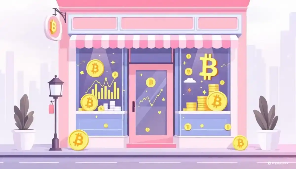 ネイルサロンの店舗とビットコインのシンボルを組み合わせたイラスト