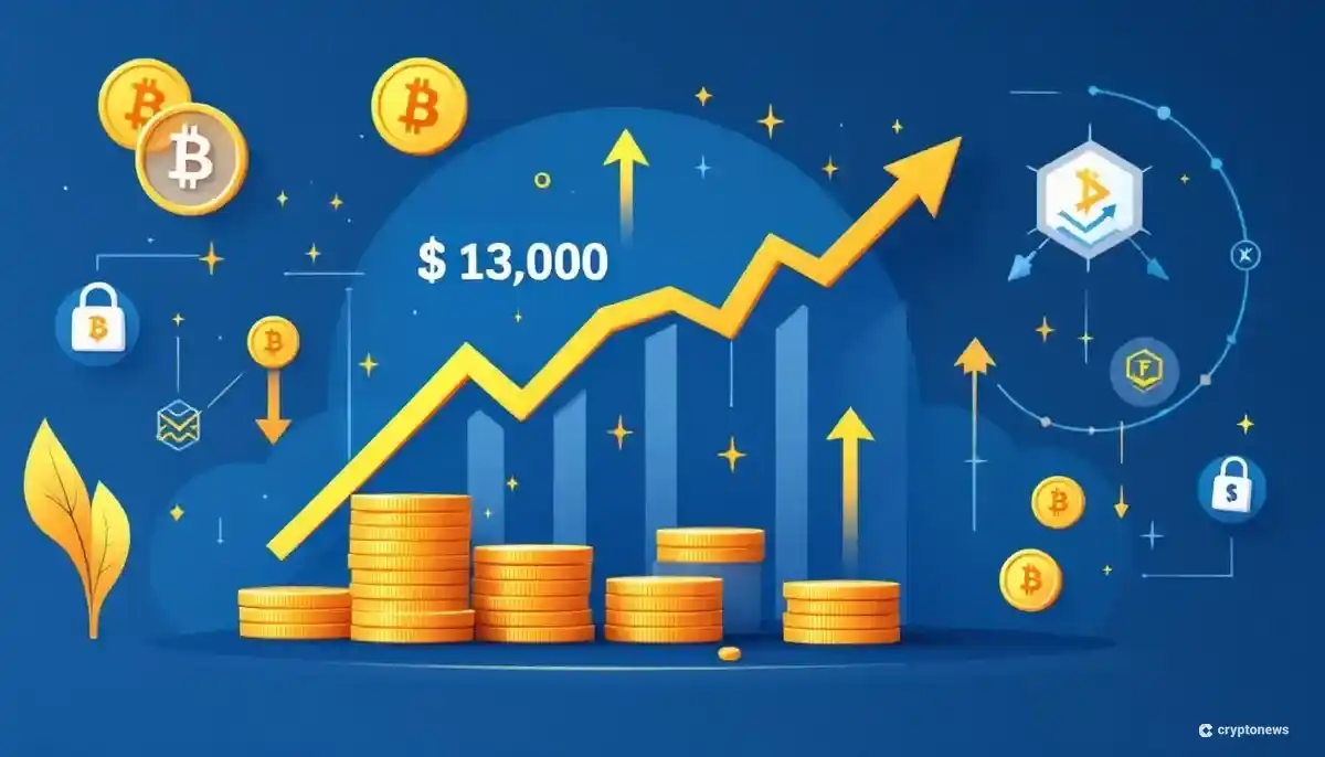 ブロックチェーンの分析データと上昇するチャートを背景にしたビットコインのシンボル