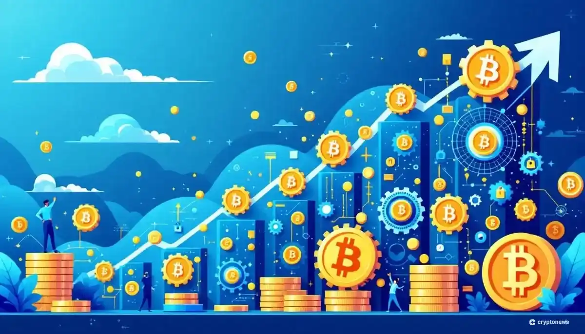 ビットコインDeFiの成長を示す未来的な金融データチャートのイラスト