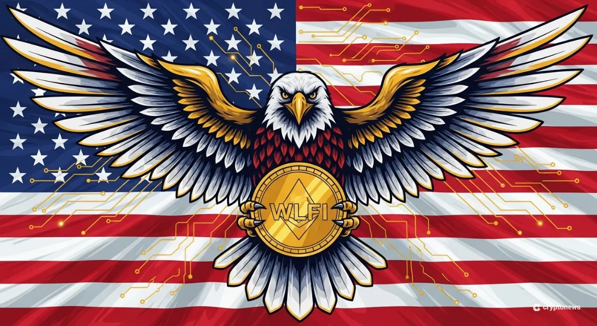 アメリカ国旗を背景にWLFIコインを掴む鷲のイラスト